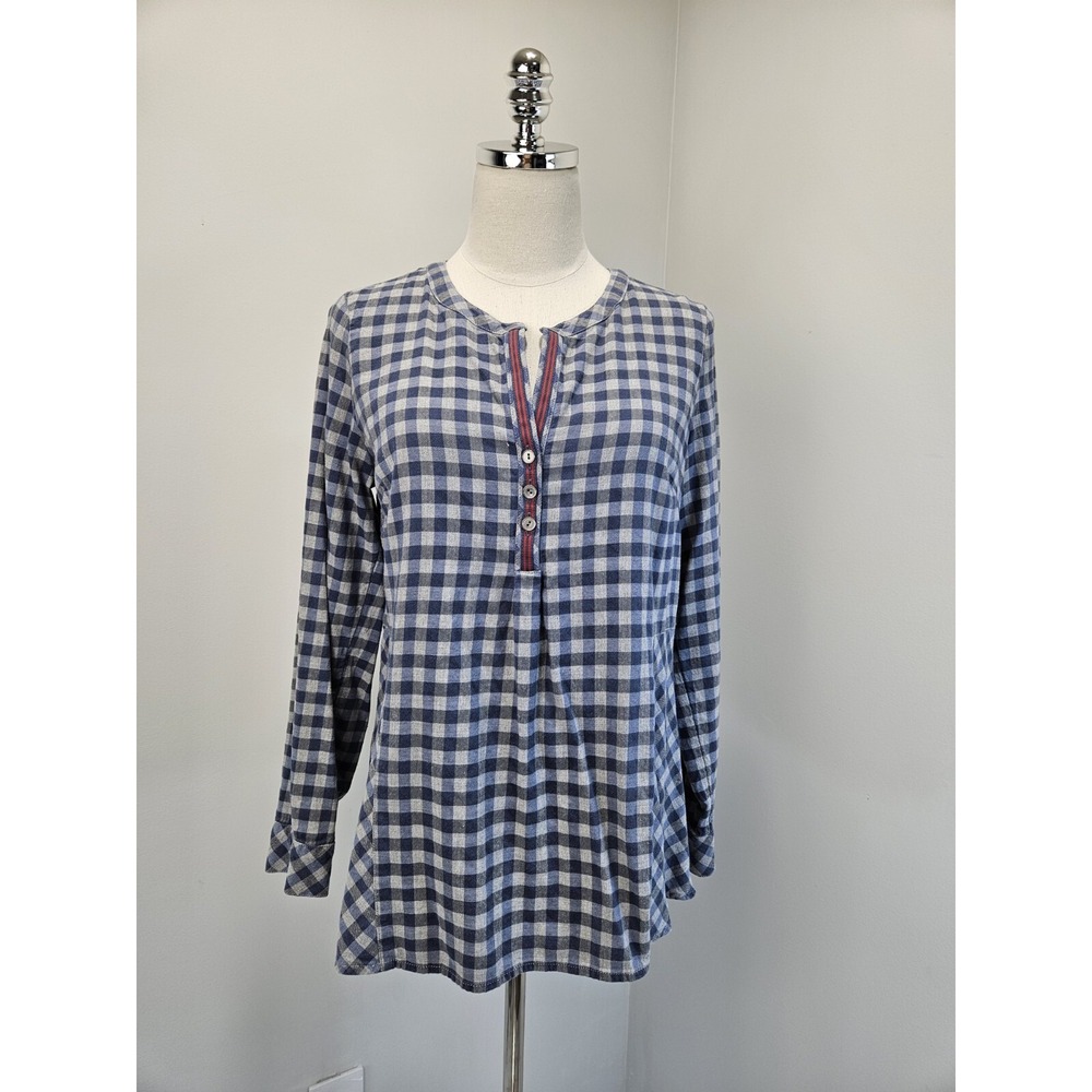 J Jill Women Blue Gray Gingham Henley Tunic Top Peplum Back Size S